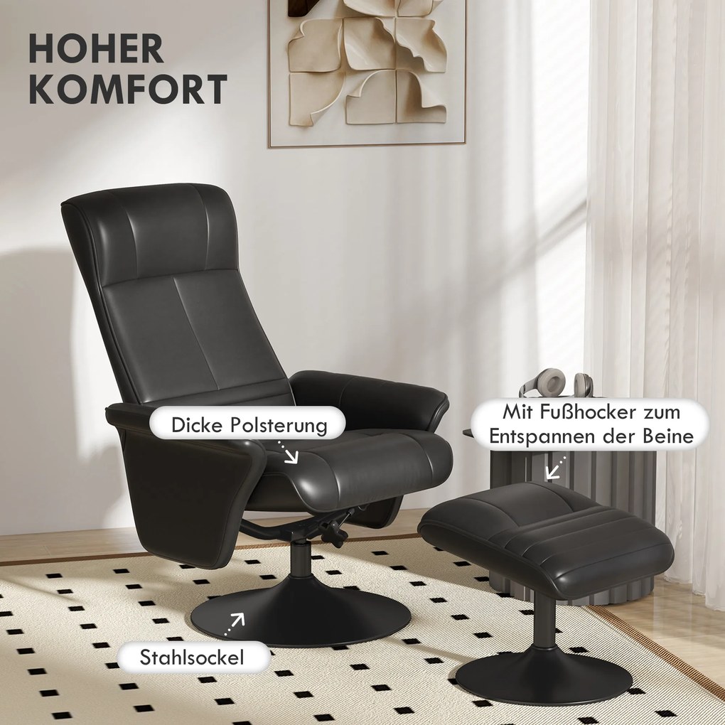 HOMCOM Fotel z podnóżkiem, obrotowy, ergonomiczny, w wyglądzie mikrofałdy, do 150 kg, Czarny