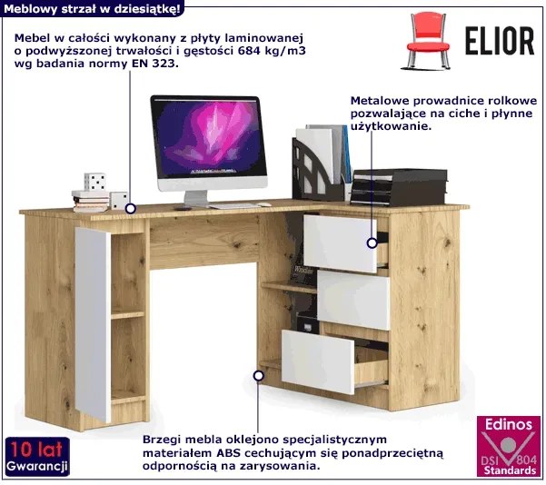Prawostronne biurko z komodą dąb artisan + biały - Volume 4X