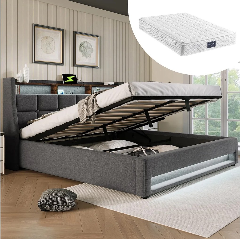 Łóżko tapicerowane z pojemnikiem dla młodzieży - 160 x 200 cm - Materac + LEDy + Zagłówek z USB - Tkanina lniana - szara
