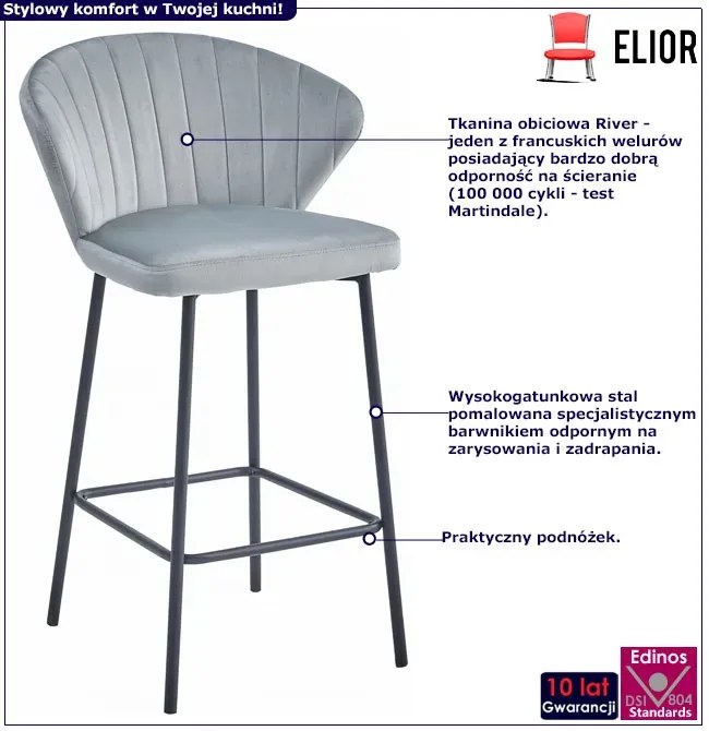 Tapicerowany barowy hoker glamour srebrno szary - Astrax