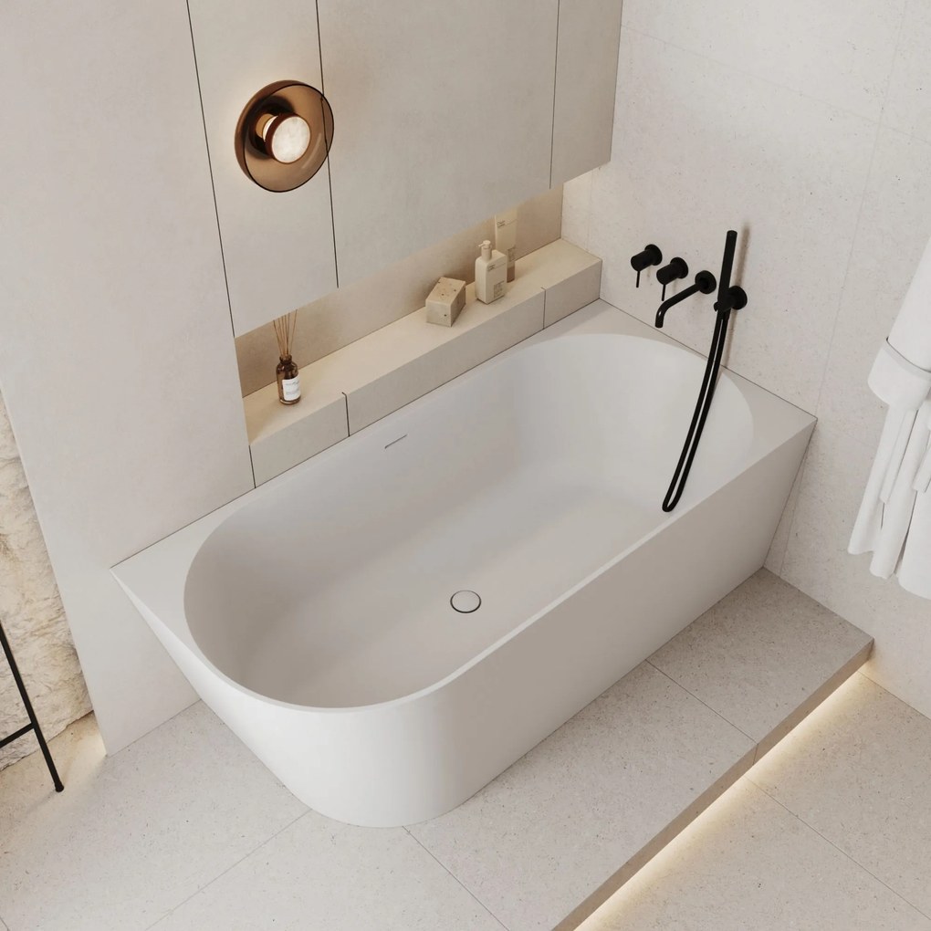 Wanna wolnostojąca narożna prawa z konglomeratu biała błyszcząca/matowa 160 x 75 cm WALL White Matt / Glow z przelewem typu SLIM : Kolor wanny - Biały matowy