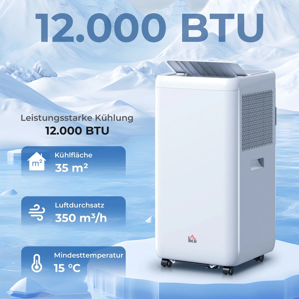 HOMCOM Przenośny klimatyzator 1250 W z 5 trybami i timerem 24h, 35,5x35x70 cm, biały | Aosom PL