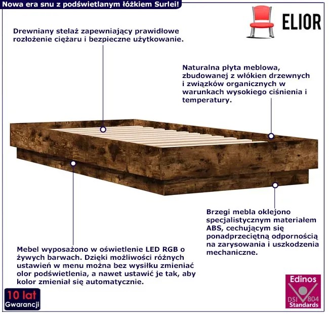 Pojedyncze łóżko ze stelażem i oświetleniem LED przydymiony dąb 90x200 - Surlei