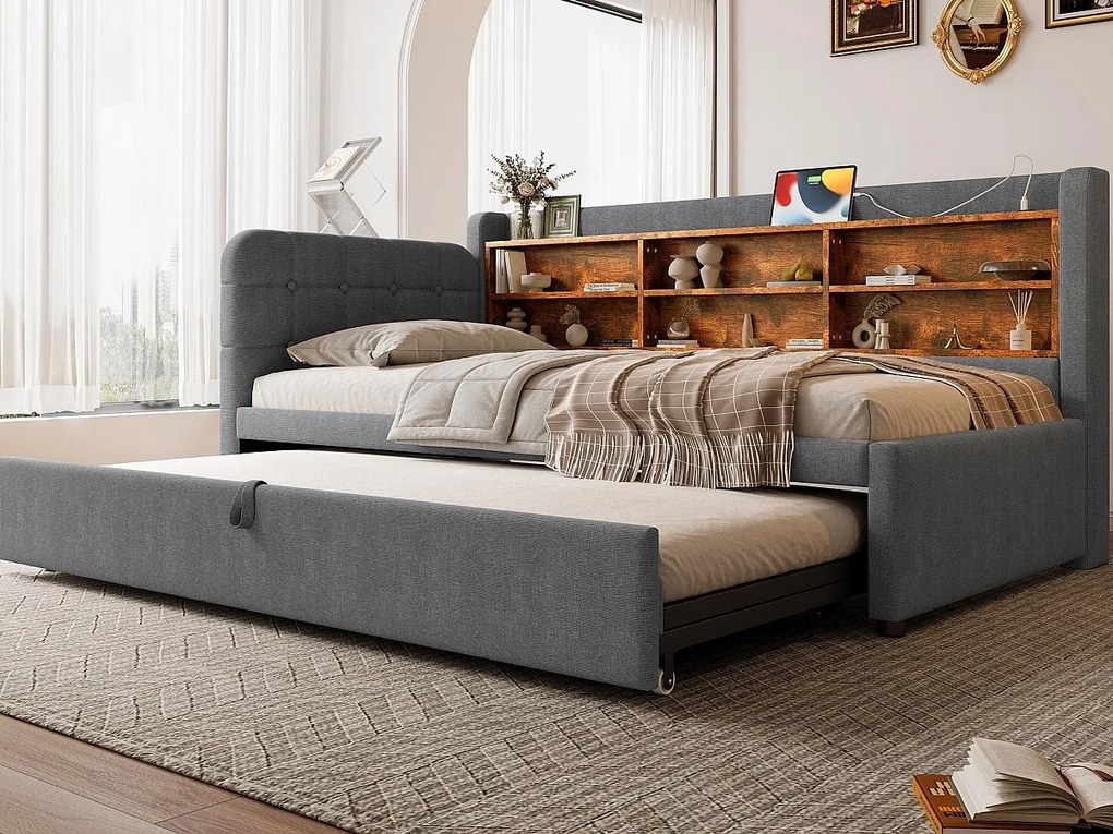 Sofa rozkładana 90×200 cm - z łóżkiem schowkowym - port USB + Type C - z półką - len - szara (materac nie jest zawarty)