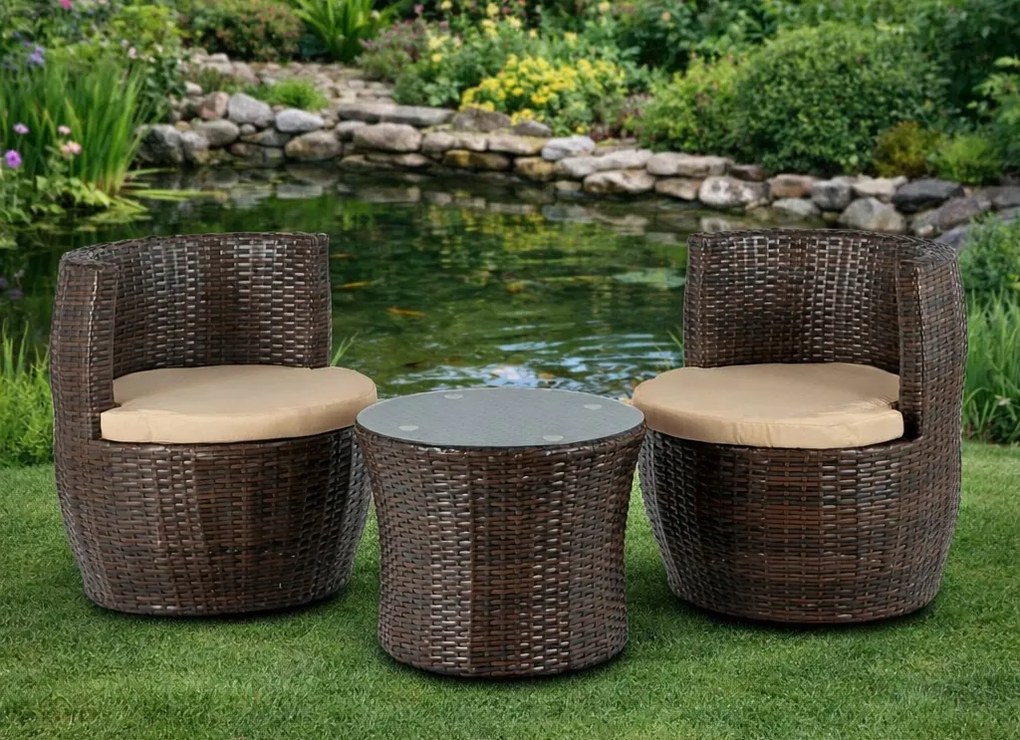 Zestaw mebli balkonowych technorattan Calimera składany - 2 fotele i stolik, brązowy