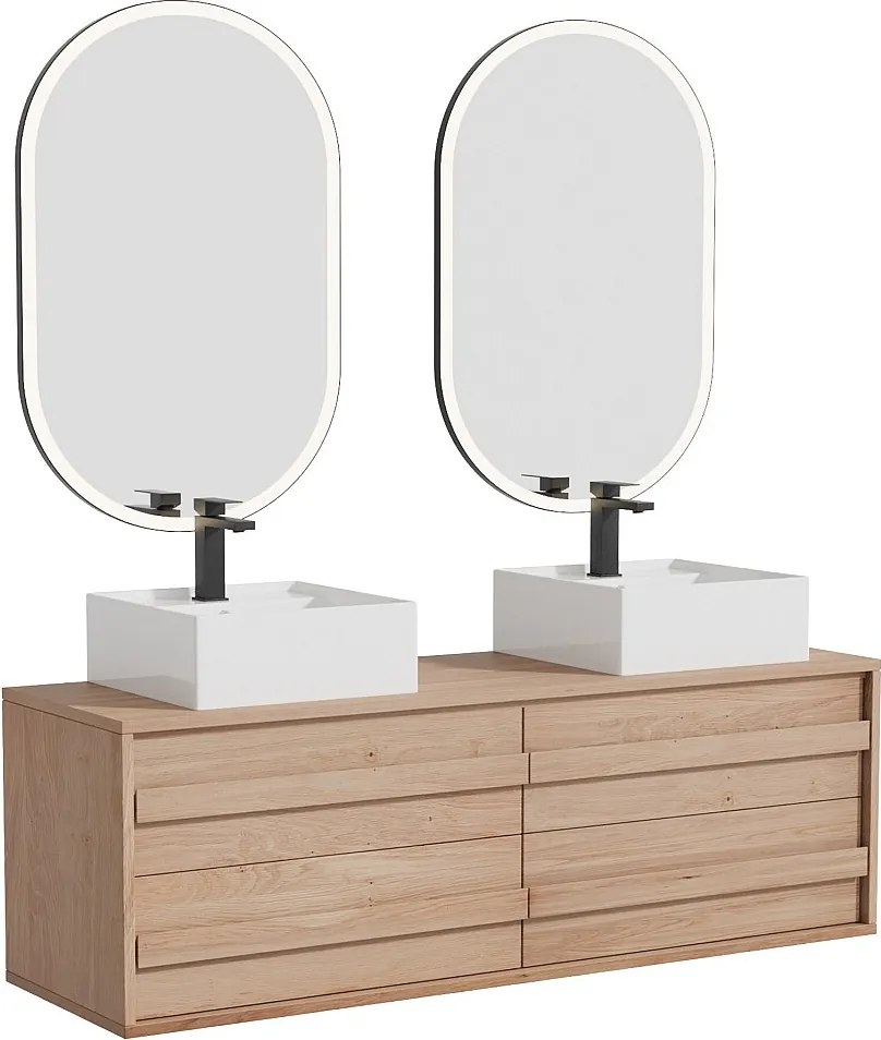 Szafka łazienkowa podwieszana  z litego dębu z kwadratową umywalką nablatową, kranem i lustrem - Jasny naturalny - 150 cm - SARLO