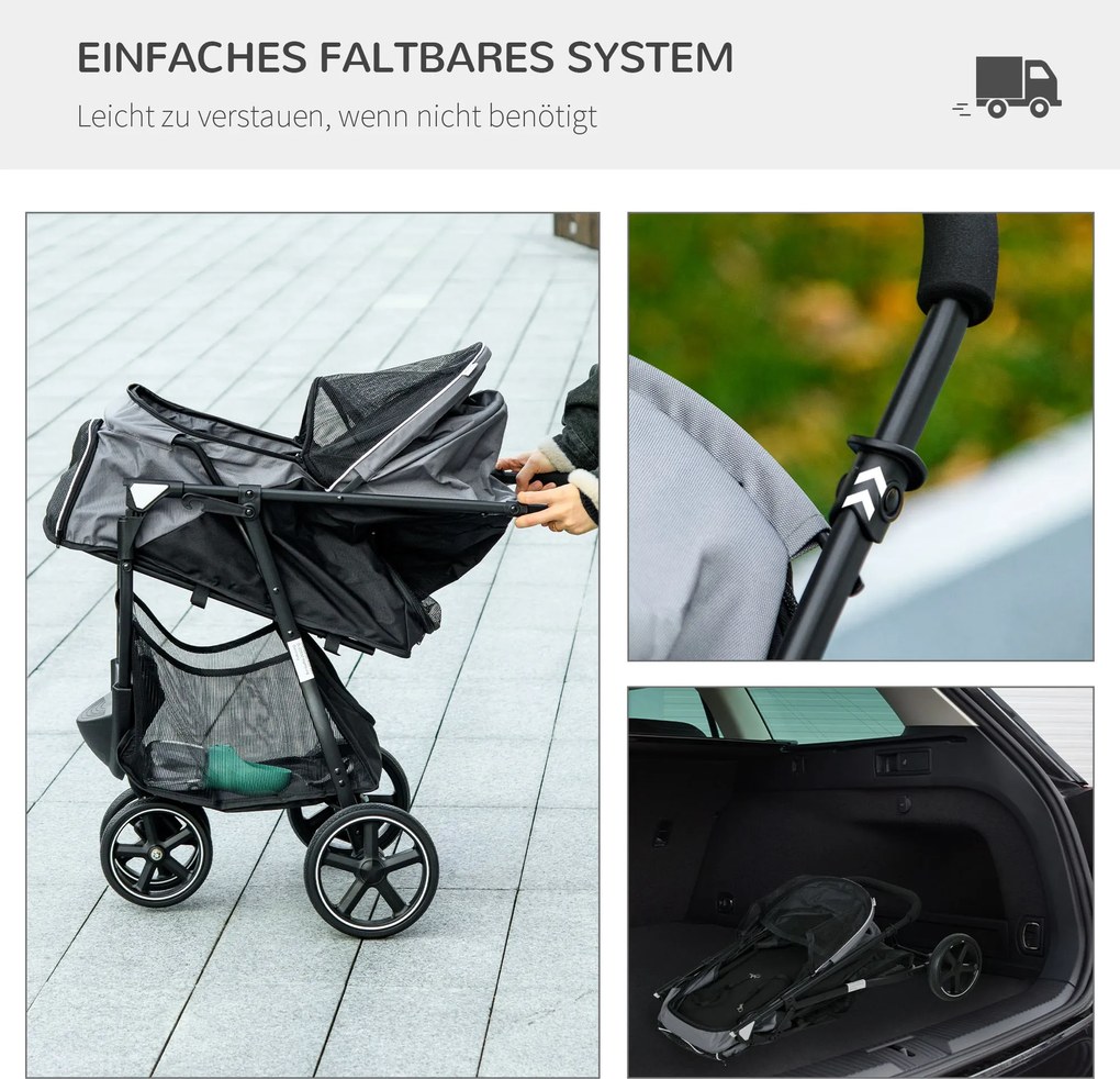PawHut Wózek dla psa spacerowy składany z osłoną przeciwdeszczową dla małych psów i kotów do 10 kg z koszem hamulcem 83x55x101 cm szary | Aosom PL