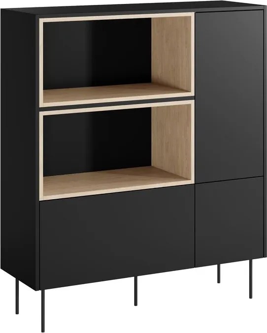 Komoda wysoka Desin 120 cm dwudrzwiowa z szufladą i wnękami - czarny mat / dąb nagano