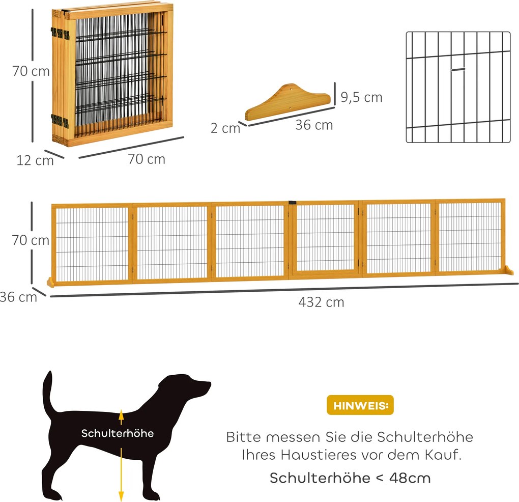 PawHut Wolnostojąca Drewniana Bramka dla Psa, Modułowa i Składana z 6 Paneli i 2 Podpor, Żółta