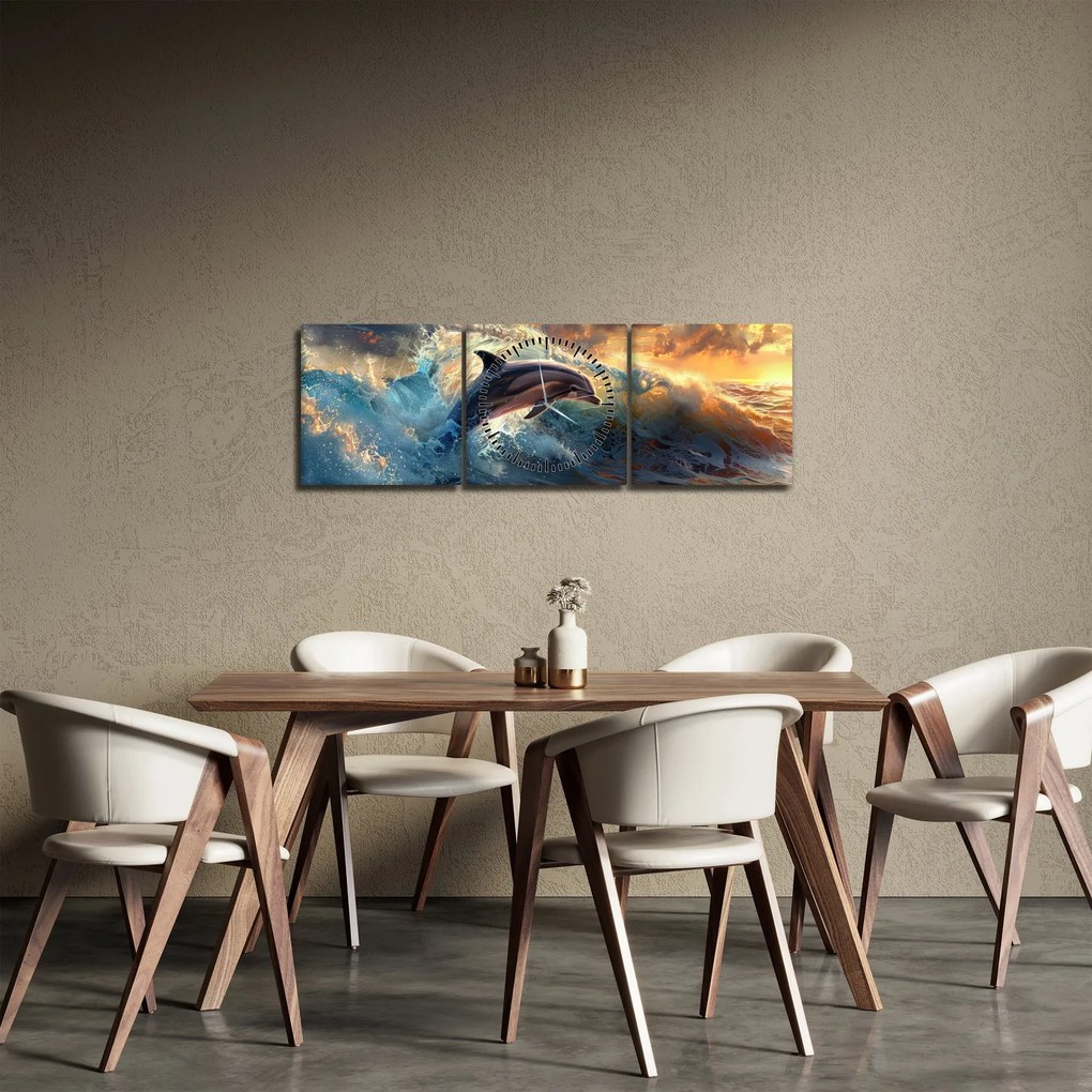 Obraz - Delfin, ilustracje (z zegarem) (90x30 cm)