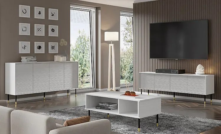 Zestaw białych frezowanych mebli do salonu - Javens