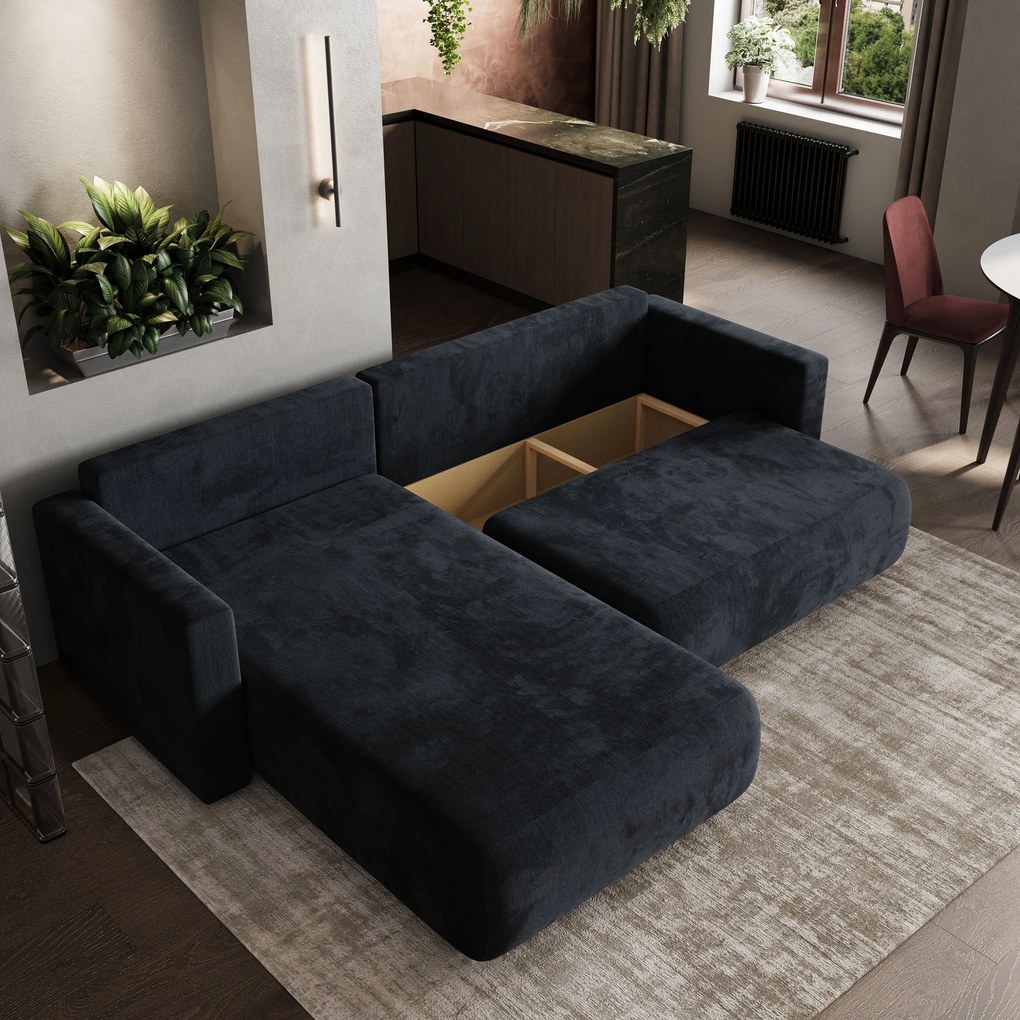 Masseno Narożnik TURIN z funkcją spania i pojemnikiem na pościel Narozniki L, Rozkładana sofa - Czarny, MONOLITH 95