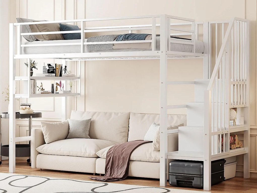 Łóżko mezzanine 90x200cm - z drabiną do przechowywania - z barierkami - białe (bez materaca)