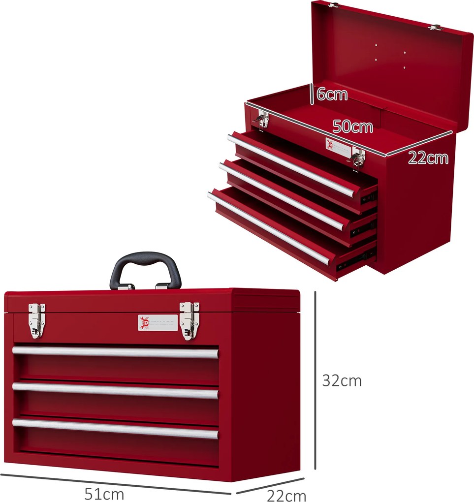 DURHAND Skrzynka narzędziowa z 3 szufladami, górną komorą, zamknięciami, uchwytem, 51x22x32 cm, Czerwona