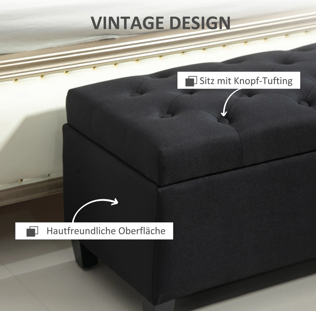 HOMCOM Ławka z Przestrzenią na Przechowywanie, Tapicerka w stylu Lnianego Poliestru, Drewno Kauczukowe, Czarna, 100 x 40 x 44 cm