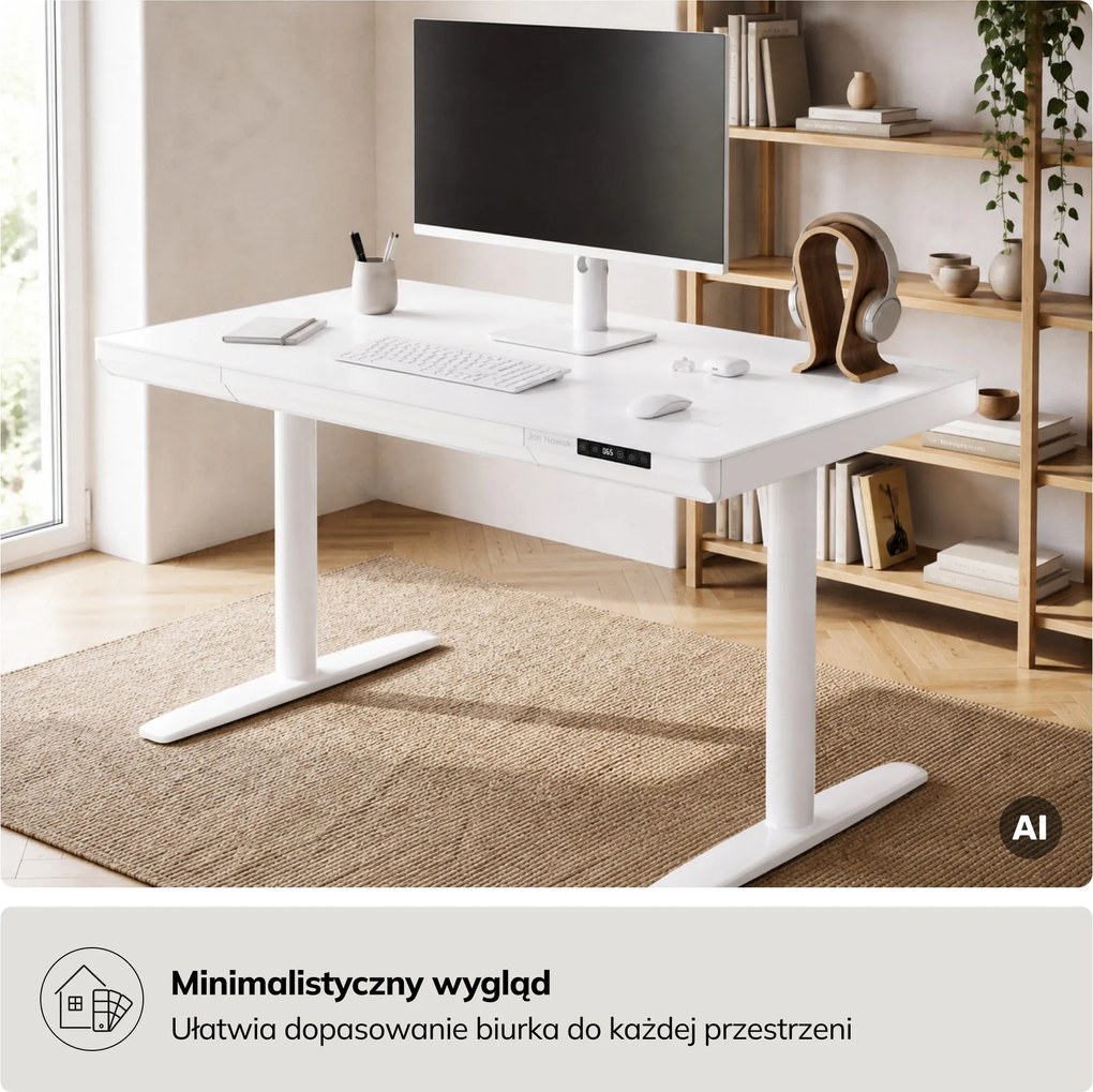 Biurko elektryczne sit-stand z szufladą i ładowarką bezprzewodową Qi białe, 1200 mm: ELLIS