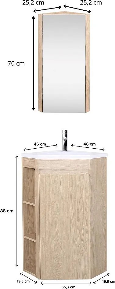 Narożna szafka pod umywalkę na nogach z umywalką, baterią i szafką łazienkową SORRENTO