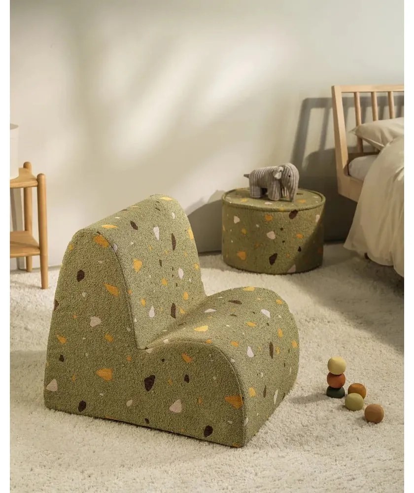 Zielony puf dziecięcy z materiału bouclé/z tkaniny szenilowej Terrazzo – Wigiwama