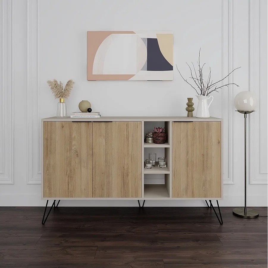 Komoda drewniana – 142 cm x 83 cm x 35,6 cm – Piaskowiec i dąb – Płyta wiórowa pokryta melaminą