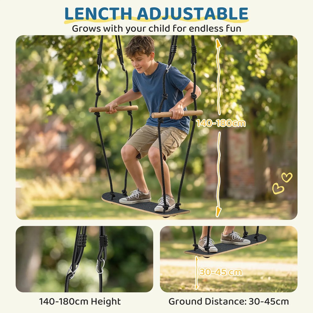AIYAPLAY Huśtawka deskorolkowa z regulacją wysokości, antypoślizgową deską, wodoodporną liną, uchwytami, Czarna | Aosom PL