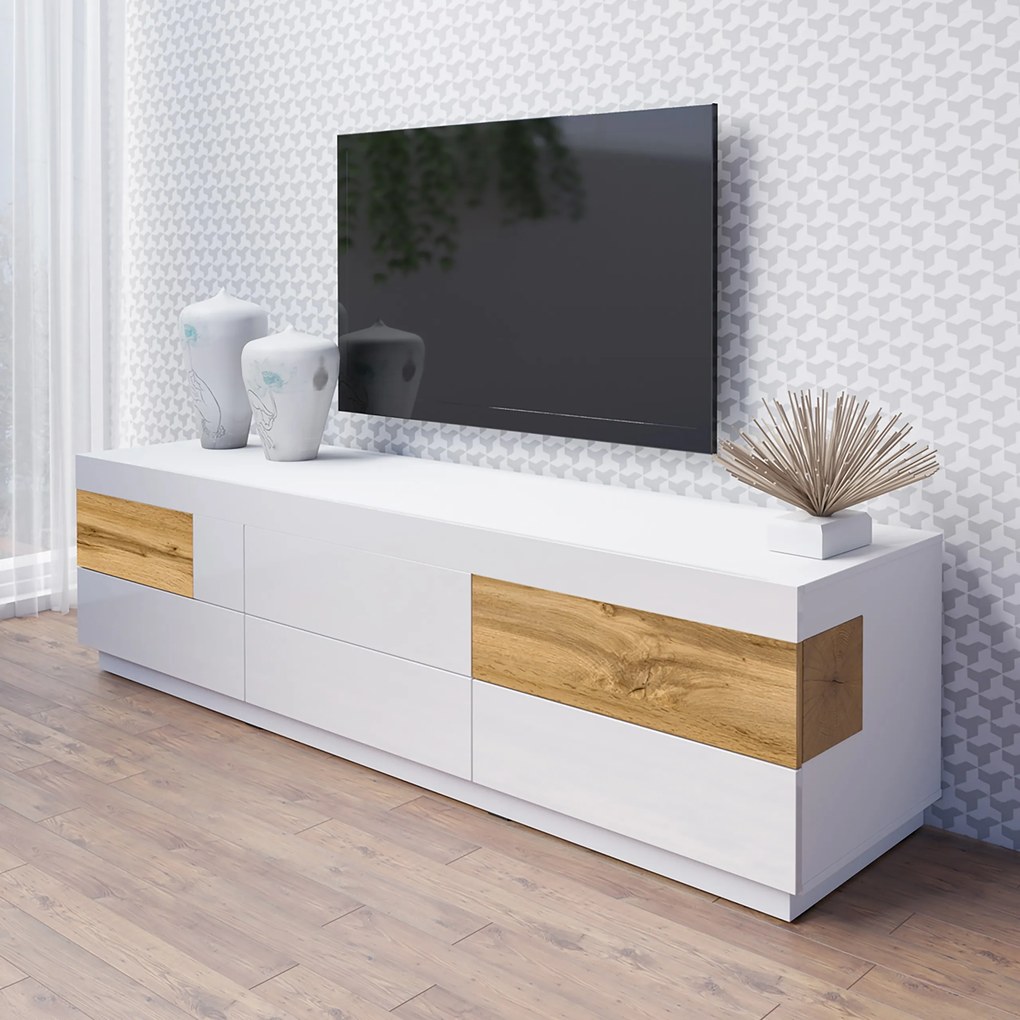 Szafka RTV stojąca SILVANA 206 cm do Salonu pod Telewizor 6 Szuflad - Biały