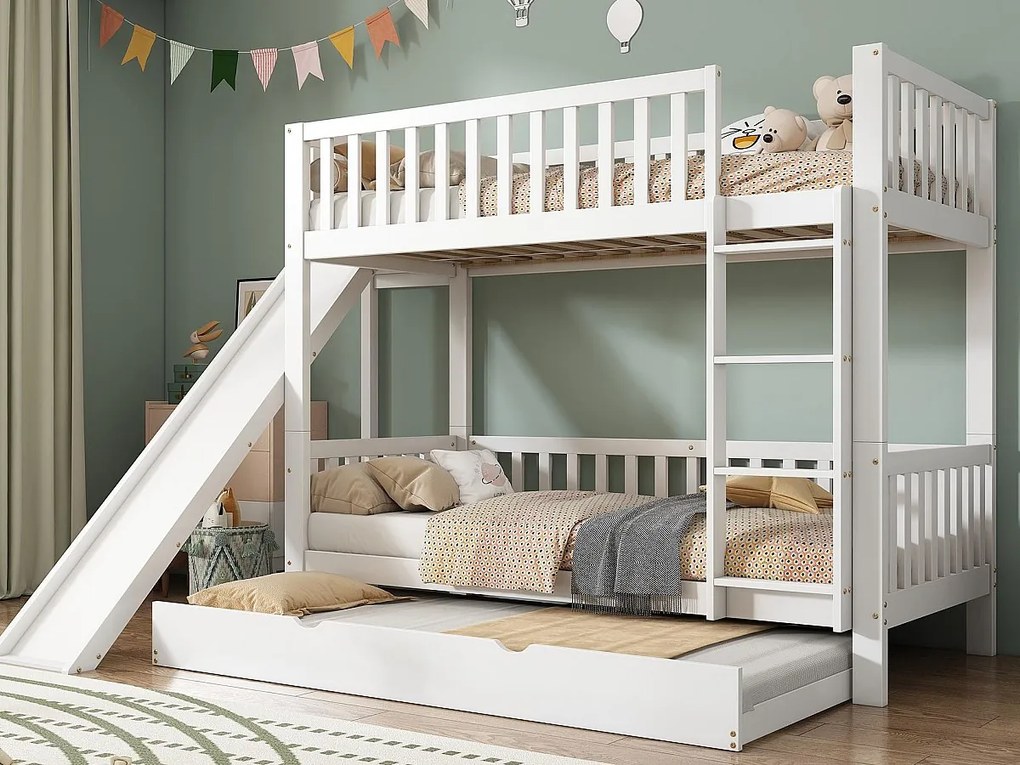 Łóżko piętrowe dla dzieci 90x200/190 cm - z łóżkiem wysuwanym - ze zjeżdżalnią i prostą drabiną 4 stopnie - drewno lite + MDF - białe (bez materaca)