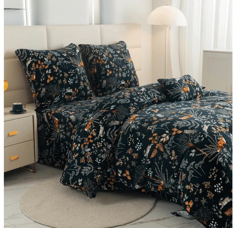 PrzytulneMieszkanie.pl PrzytulneMieszkanie.pl PrzytulneMieszkanie.pl Zestaw pościeli z mikropluszu THE FOX AND THE HARE ciemnozielony + prześcieradło z mikropluszu SOFT 90x200 cm białe, pojedyncze łóżko