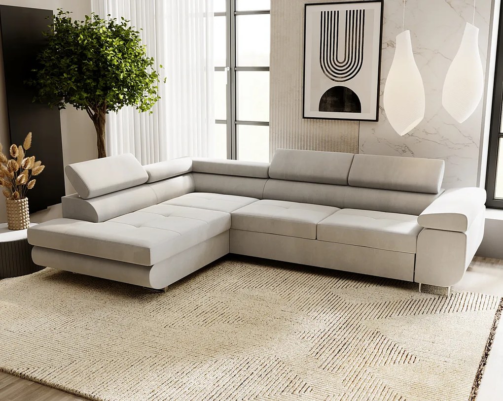 Emporius Sorlo narożnik z funkcją spania i pojemnikiem - regulowane zagłówki, lewostronny, tkanina aksamitna, jasny szary (Amor Velvet 4318)