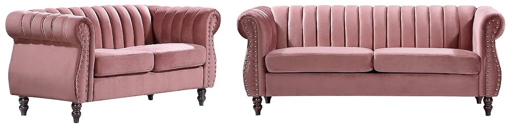 Kanapy Chesterfield 3- i 2-osobowa z weluru stary róż – TRUMBO