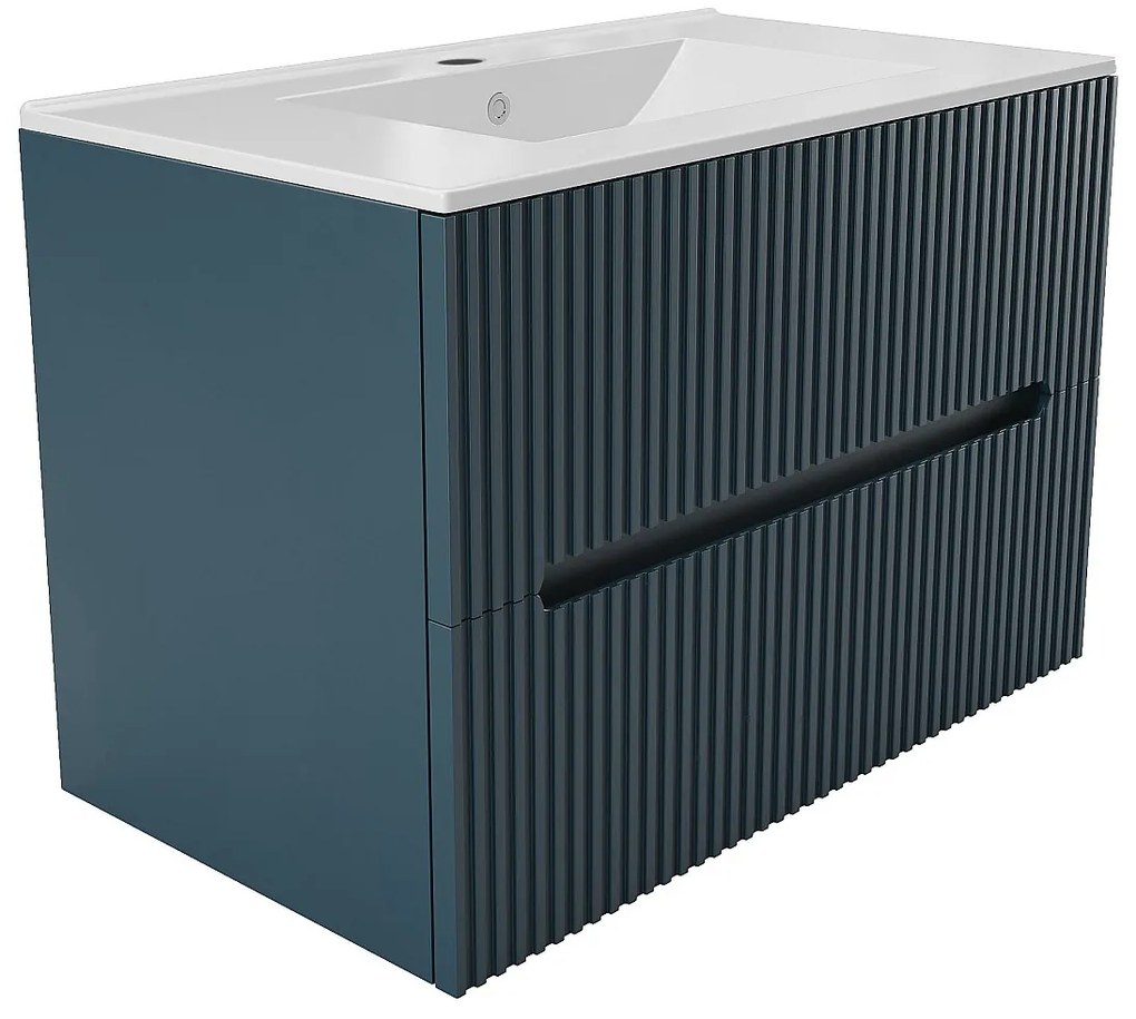 Szafka łazienkowa wisząca  ryflowana z umywalką - Niebieski - 80 cm - PAVANI