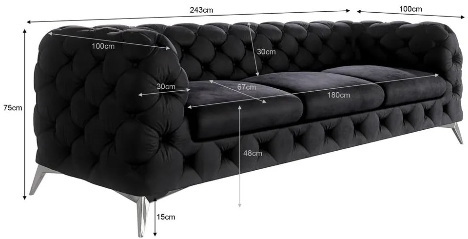 Czarna aksamitna sofa 243 cm Chelsea – Ropez