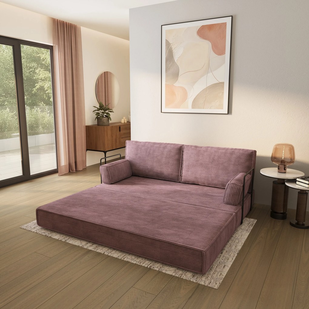 Masseno Sofa piankowa SILAR z funkcją spania, Kanapa z pianki do salonu, Bezmontażowa, Tkanina sztruksowa – Wrzosowy POSO 130