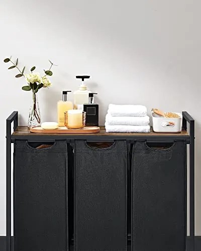 Kosz na bieliznę z półką BERGEN, 3x38l, czarny/brązowy SongmicsHome