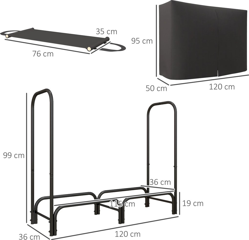 Outsunny Regał na Drewno na Opał, 0,33 m³, z Torbą i Ochronną Pokrywą, Metalowy, do 150 kg, 120 x 36 x 99 cm, Czarny