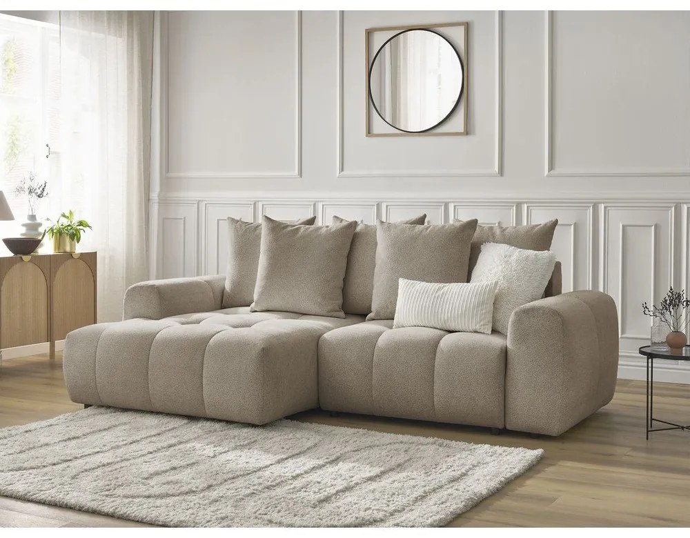 Beżowy rozkładany/ze schowkiem narożnik z tkaniny szenilowej (lewostronny/z szezlongiem) Roxelane – Bobochic Paris