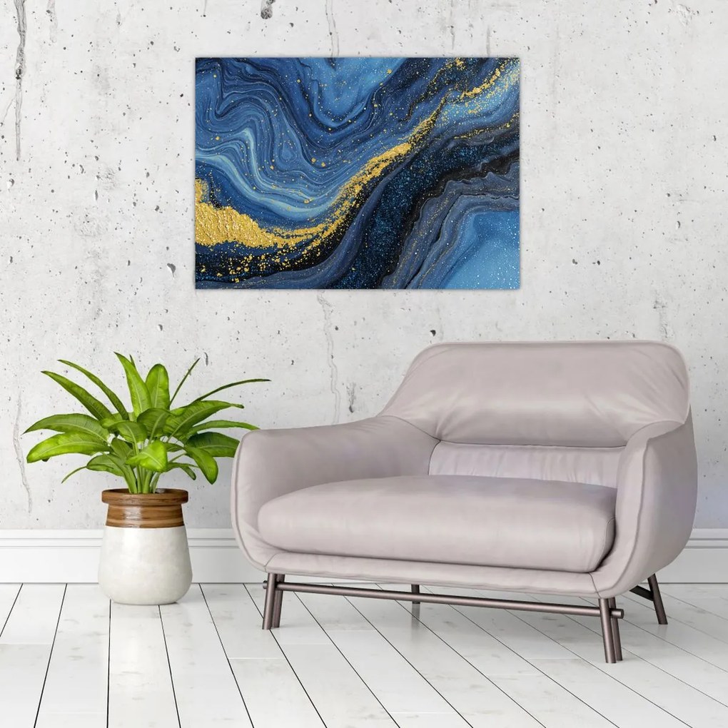 Obraz na szkle - Niebiesko-złota abstrakcja (70x50 cm)