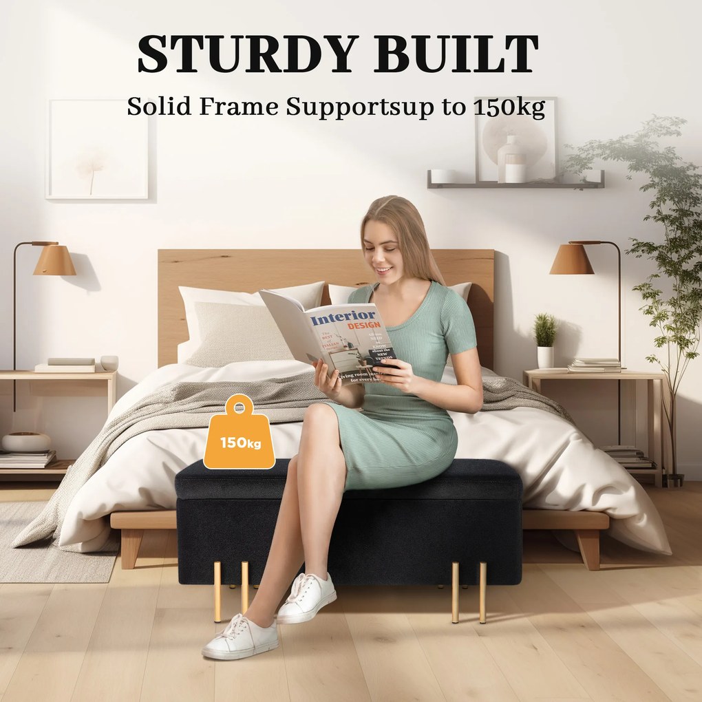 HOMCOM Ławka tapicerowana z miejscem do przechowywania, Metal, Drewno kauczukowe, Pianka, 100 x 40 x 42 cm, Czarny