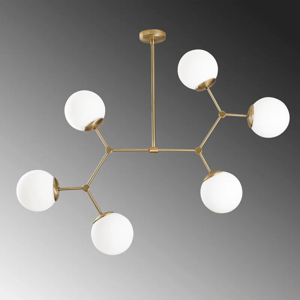 Biała lampa wisząca z 6 kloszami z elementami w kolorze złota Opviq lights Damar
