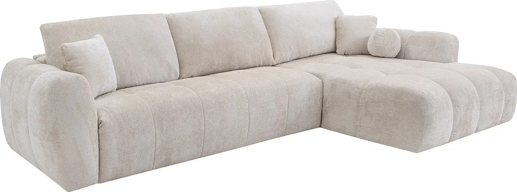 Kanapa narożna prawostronna narożna rozkładana typu express z tkaniny szenilowej w kolorze beżowym - Powierzchnia spania 140 cm - Materac 13 cm memory foam BRIVANO