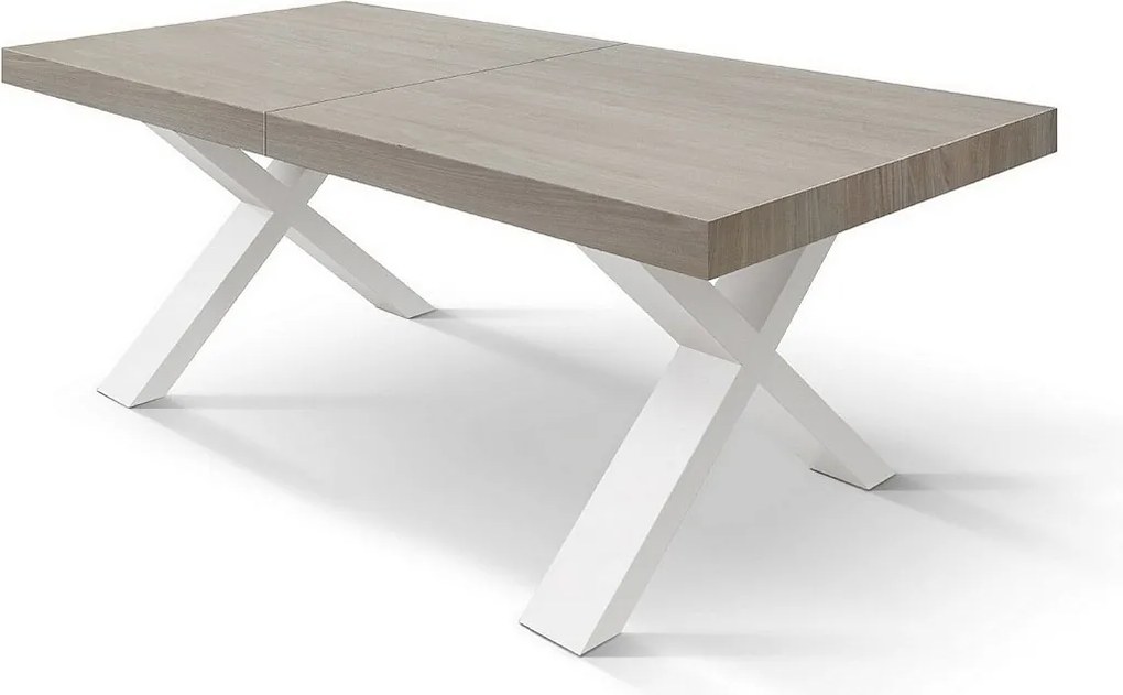 Stół drewniany wiąz perłowy, białe nogi X, 160x90-240x90cm przedłużenie - AMALFI