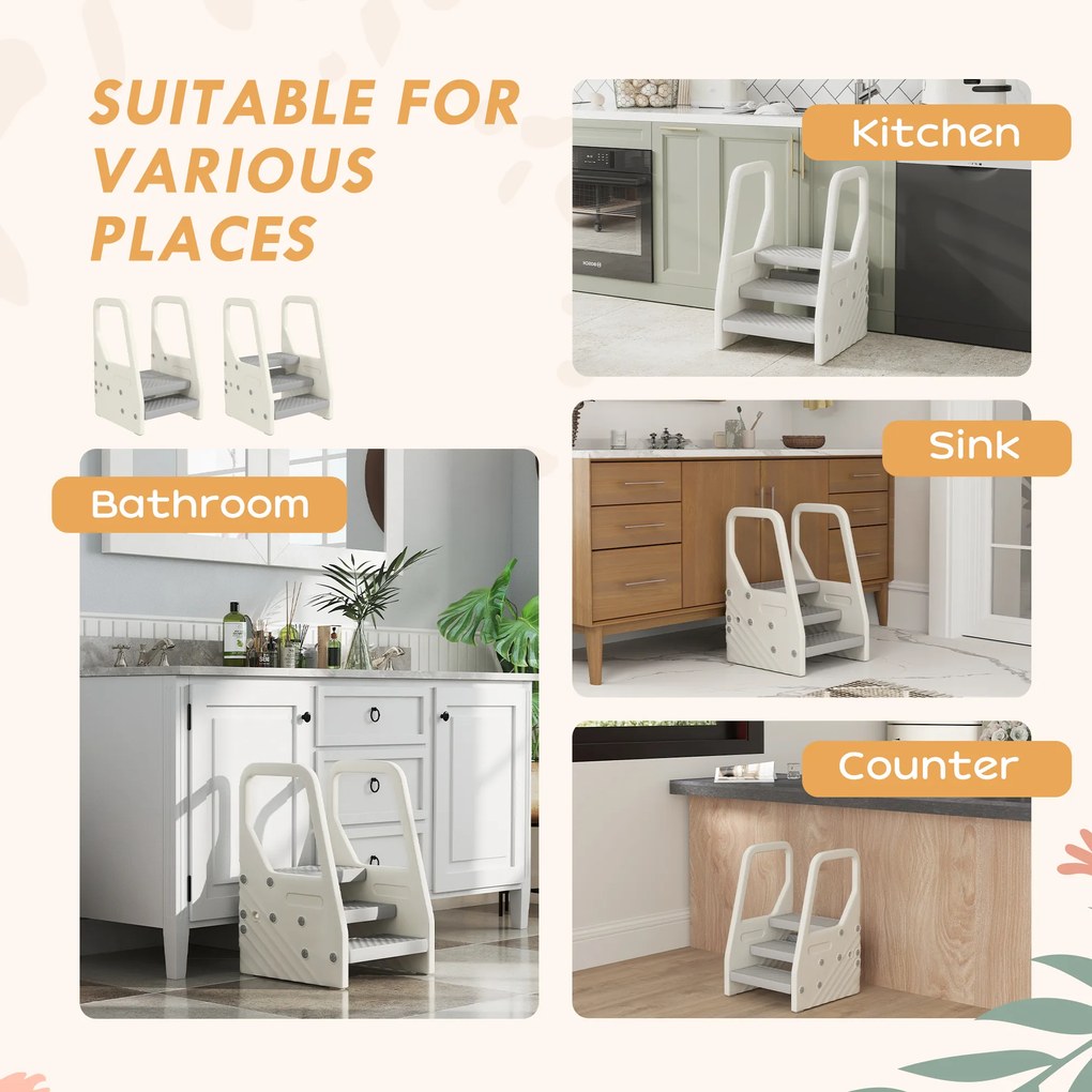 AIYAPLAY Dziecięcy taboret z regulacją z 3 na 2 stopnie, z uchwytem, antypoślizgowy, do różnych pomieszczeń, plastikowy, Szary