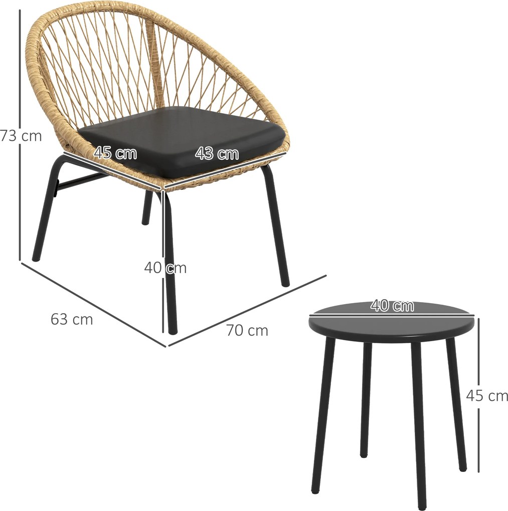 Outsunny Zestaw mebli ogrodowych z rattanu, zestaw bistro, 2 krzesła & stół, Żółty