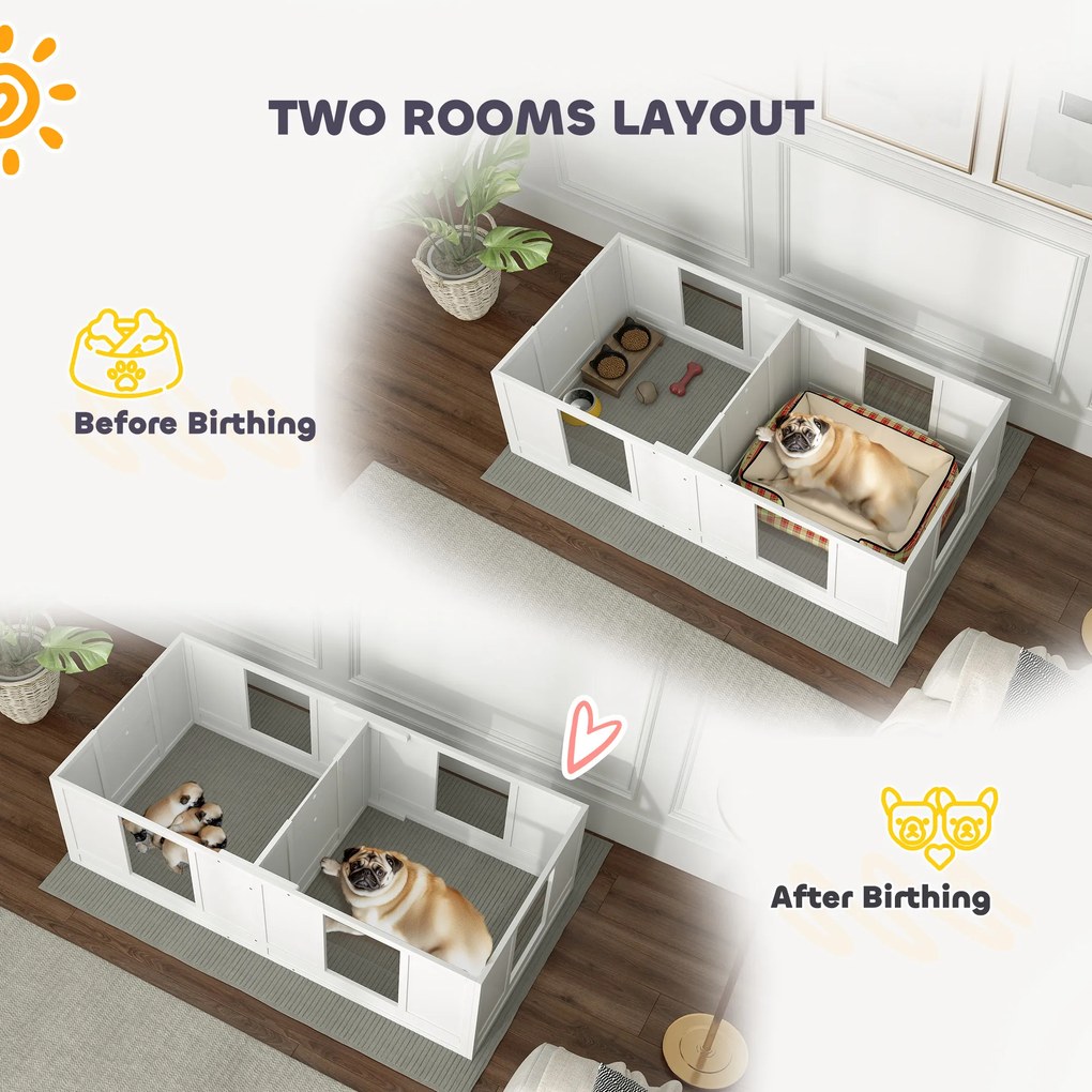 PawHut Skrzynia dla Szczeniąt, z Wodoodpornym i Możliwym do Prania Legowiskiem, Przezroczystymi Panelami, Projektem Dwuizbowym, dla Małych Psów