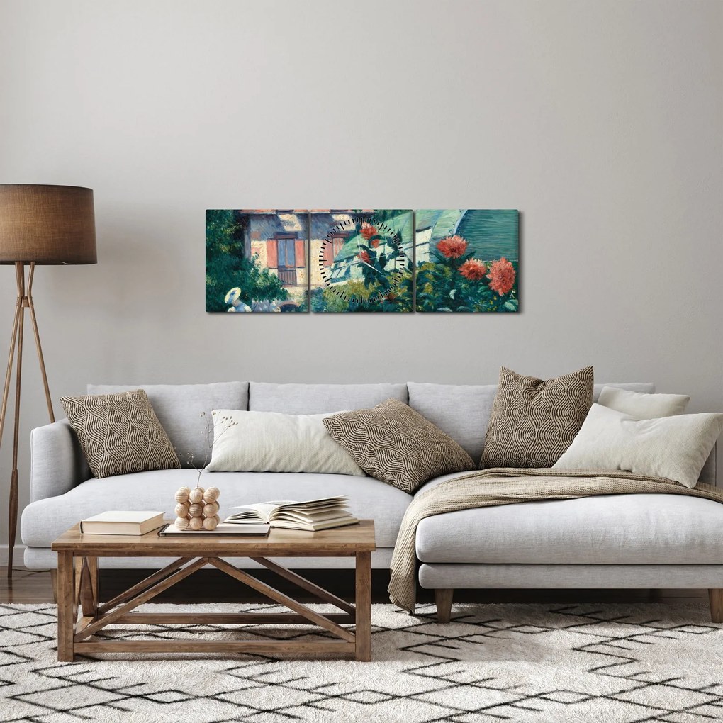 Obraz - Gustave Caillebotte, Dahlias, Garden at Petit Gennevilliers, reprodukcje (z zegarem) (90x30 cm)