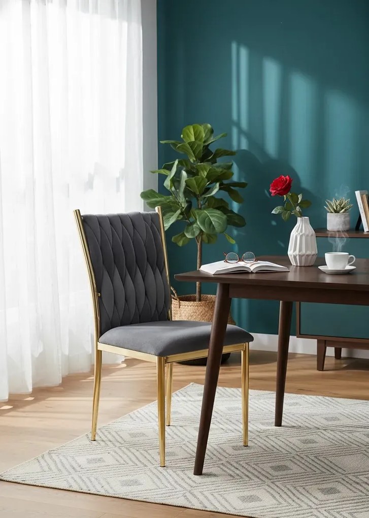 Szare welurowe krzesło na złotej podstawie F7-P46