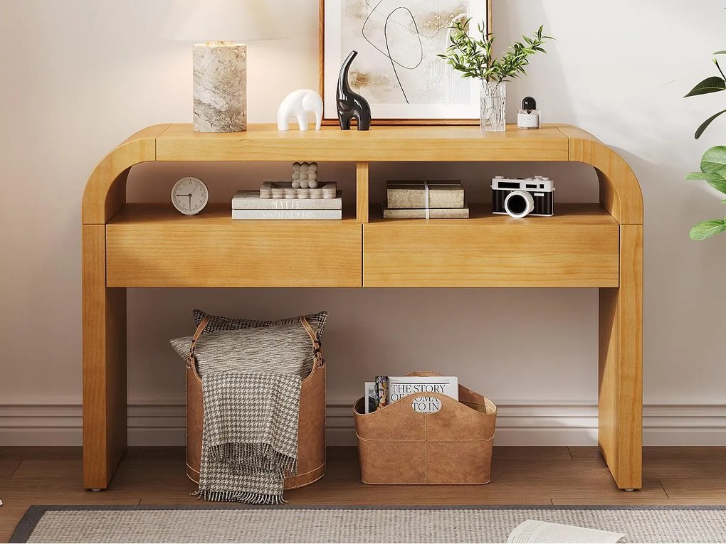 Stół konsolowy 120x35,5x76,5cm - z 2 szufladami - Zaokrąglone rogi - otwarte półki - MDF - Naturalny