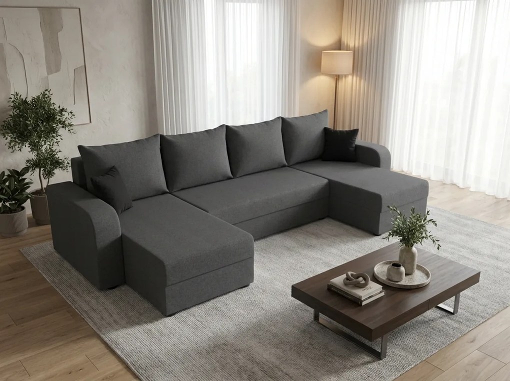 Rozkładana sofa narożna w kształcie U VALERIO 305x140 cm, ciemnoszara