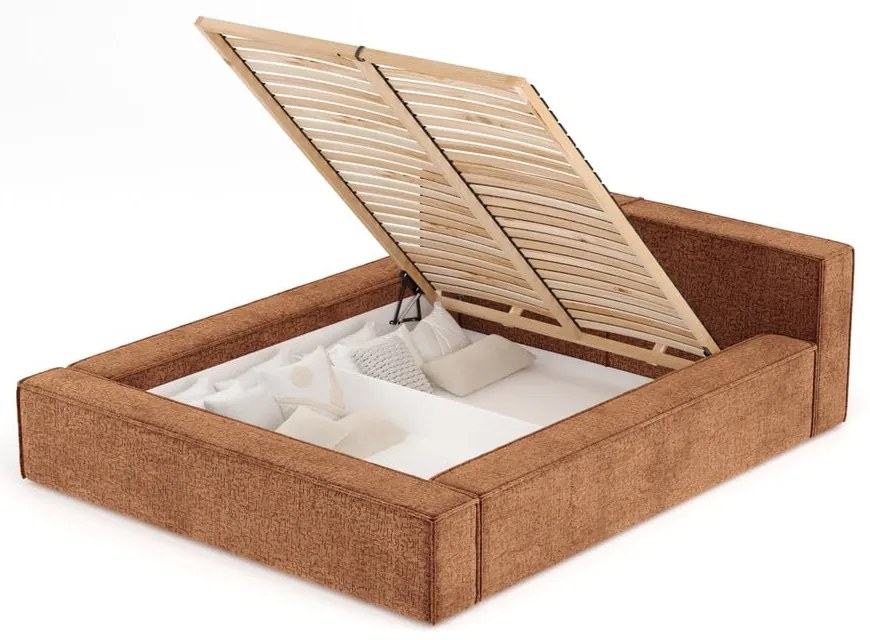 Pomarańczowe tapicerowane łóżko dwuosobowe ze schowkiem i stelażem 180x200 cm Voliera – Maison de Rêve