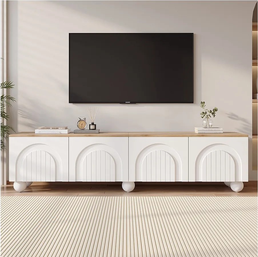 Szafka RTV 180 x 40 x 45 cm z 4 drzwiami - z 6 metalowymi nóżkami kulowymi - do telewizora 80 cali - MDF - biała