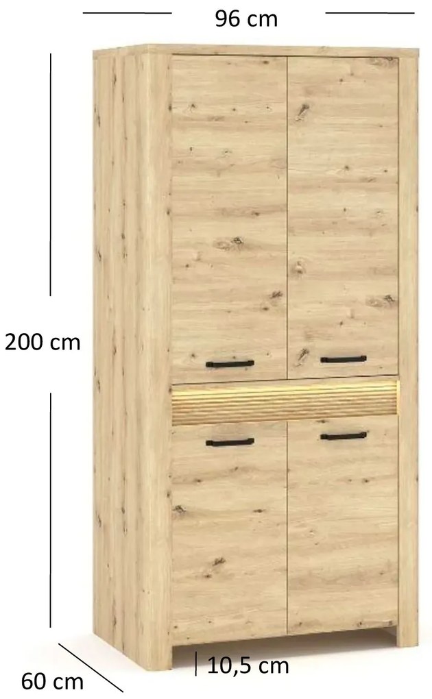 Szafa czterodrzwiowa z półkami i drążkiem podświetlana dąb artisan W3-M65